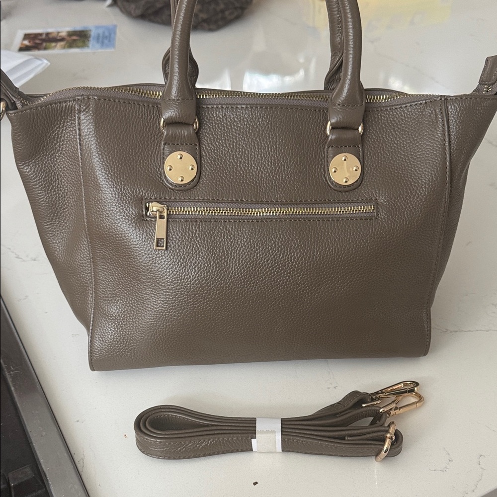 Taupe Leather Shoulder Bag with Gold Hardware